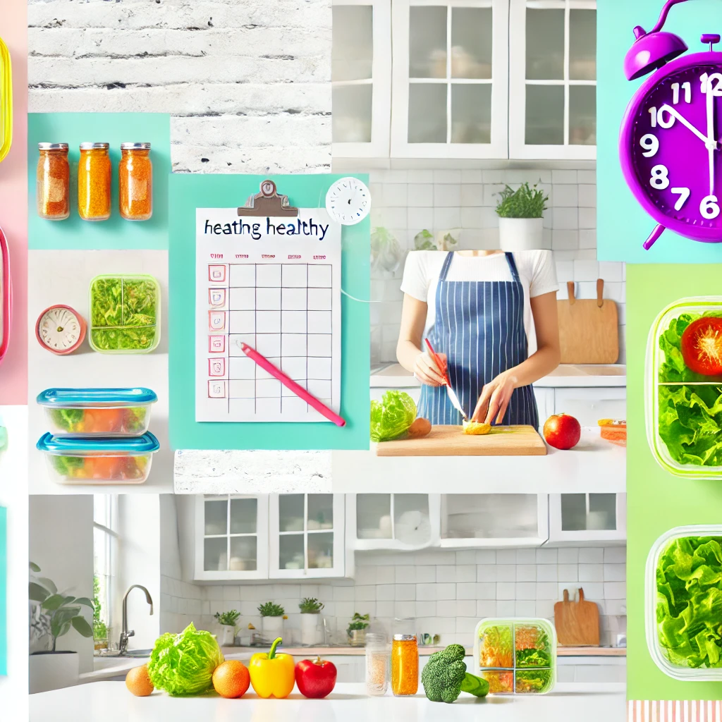 Bright, modern kitchen with fresh vegetables, healthy packaged foods, and a person preparing a meal. Includes a notepad, clock symbolizing time management, and neatly packed lunch containers, emphasizing healthy eating on a busy schedule